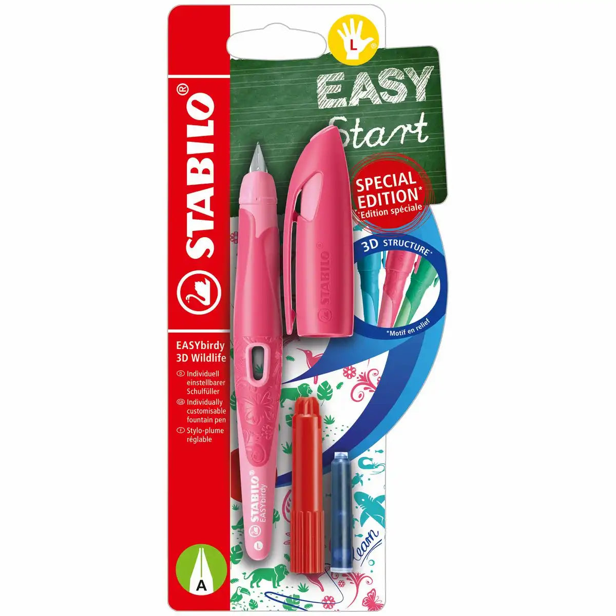 STABILO Schulfüller EASYbirdy 3D Wildlife A für Linkshänder rosa inkl. Patrone