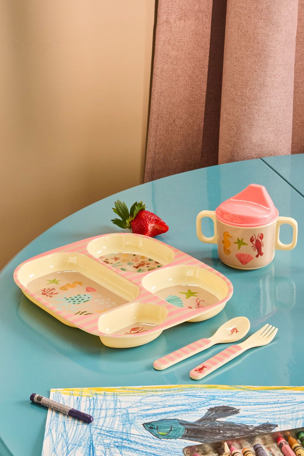 rice Melamin-Babygeschirr-Set in Geschenkbox – Korallenmeer-Muster – 4-teilig
