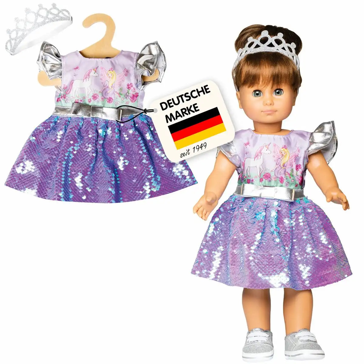 Puppenkleid Fee und Einhorn mit Silberkrone lila Größe 35-45cm
