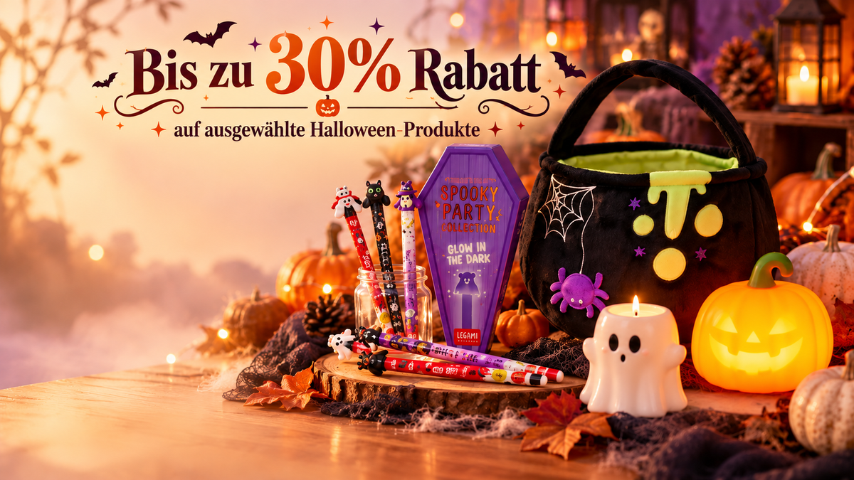 Legami Halloween-Gelstifte, Tasche, Geisterkerze und leuchtender Kürbis in herbstlicher Dekoration