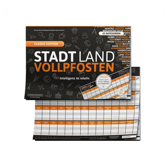 Stadt Land Vollpfosten® Classic Edition – "Intelligenz ist relativ." | A3 Spielblock