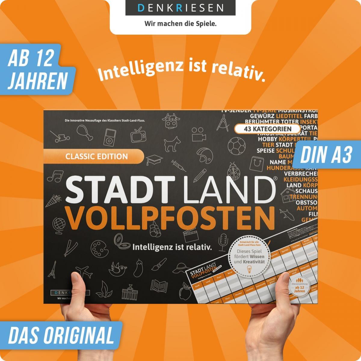Stadt Land Vollpfosten® Classic Edition – "Intelligenz ist relativ." | A3 Spielblock