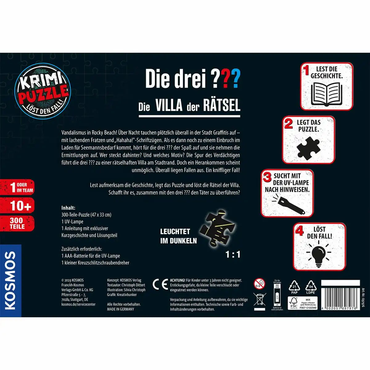 Kosmos Krimipuzzle Die drei ??? Die Villa der Rätsel 300 Teile leuchtet im Dunkeln