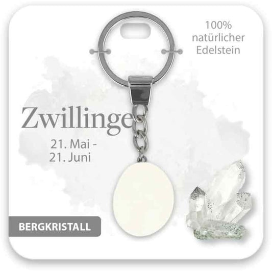 Schlüsselanhänger Edelstein Bergkristall Sternzeichen Zwillinge