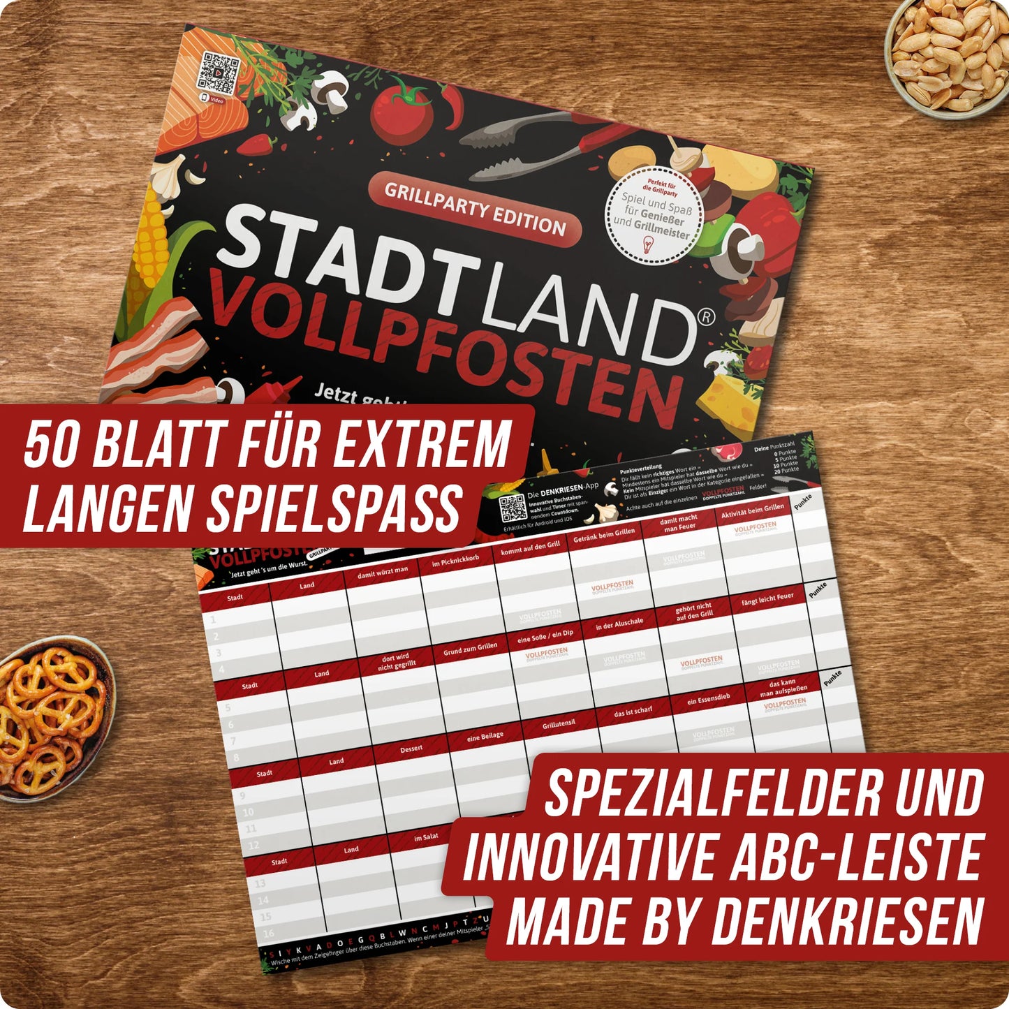 Stadt Land Vollpfosten® Grillparty Edition – "Jetzt geht's um die Wurst." | A4 Spielblock