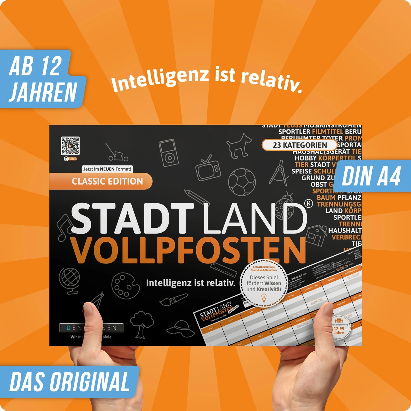 Stadt Land Vollpfosten® Classic Edition – "Intelligenz ist relativ." | A4 Spielblock