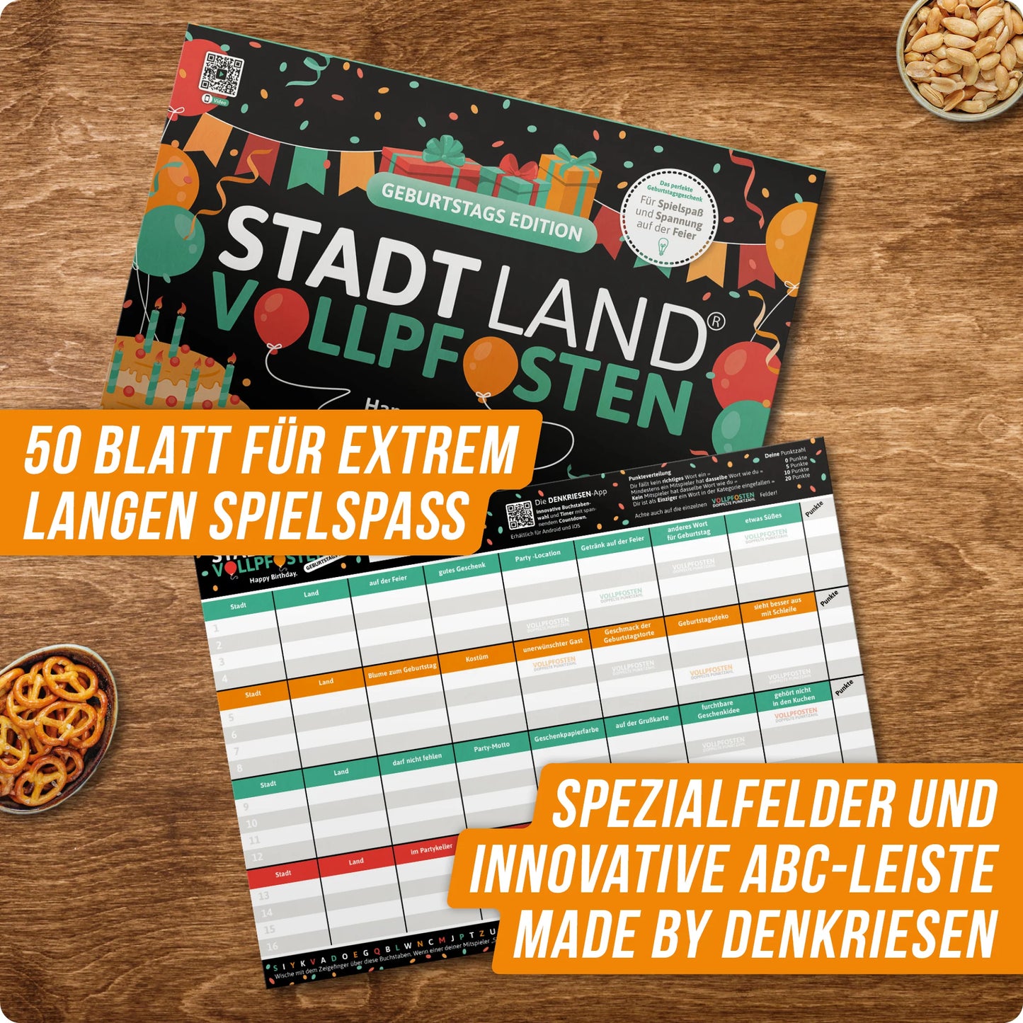 Stadt Land Vollpfosten® Geburtstags Edition – "Happy Birthday." | A4 Spielblock