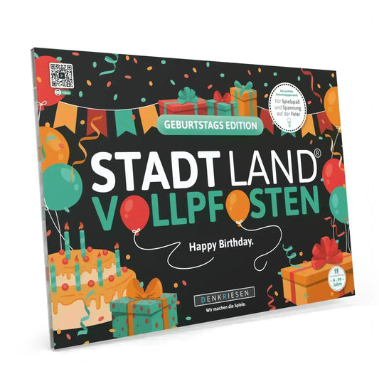 Stadt Land Vollpfosten® Geburtstags Edition – "Happy Birthday." | A4 Spielblock