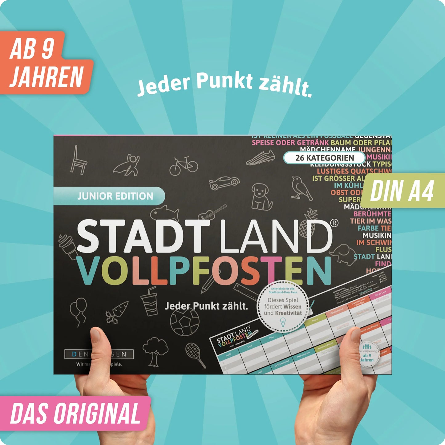 Stadt Land Vollpfosten® Junior Edition – "Jeder Punkt zählt." | A4 Spielblock
