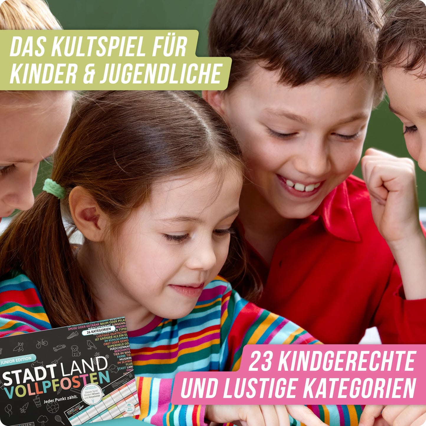 Stadt Land Vollpfosten® Junior Edition – "Jeder Punkt zählt." | A4 Spielblock