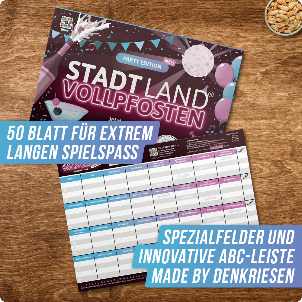 Stadt Land Vollpfosten® Party Edition – "Jetzt geht's rund." | A4 Spielblock