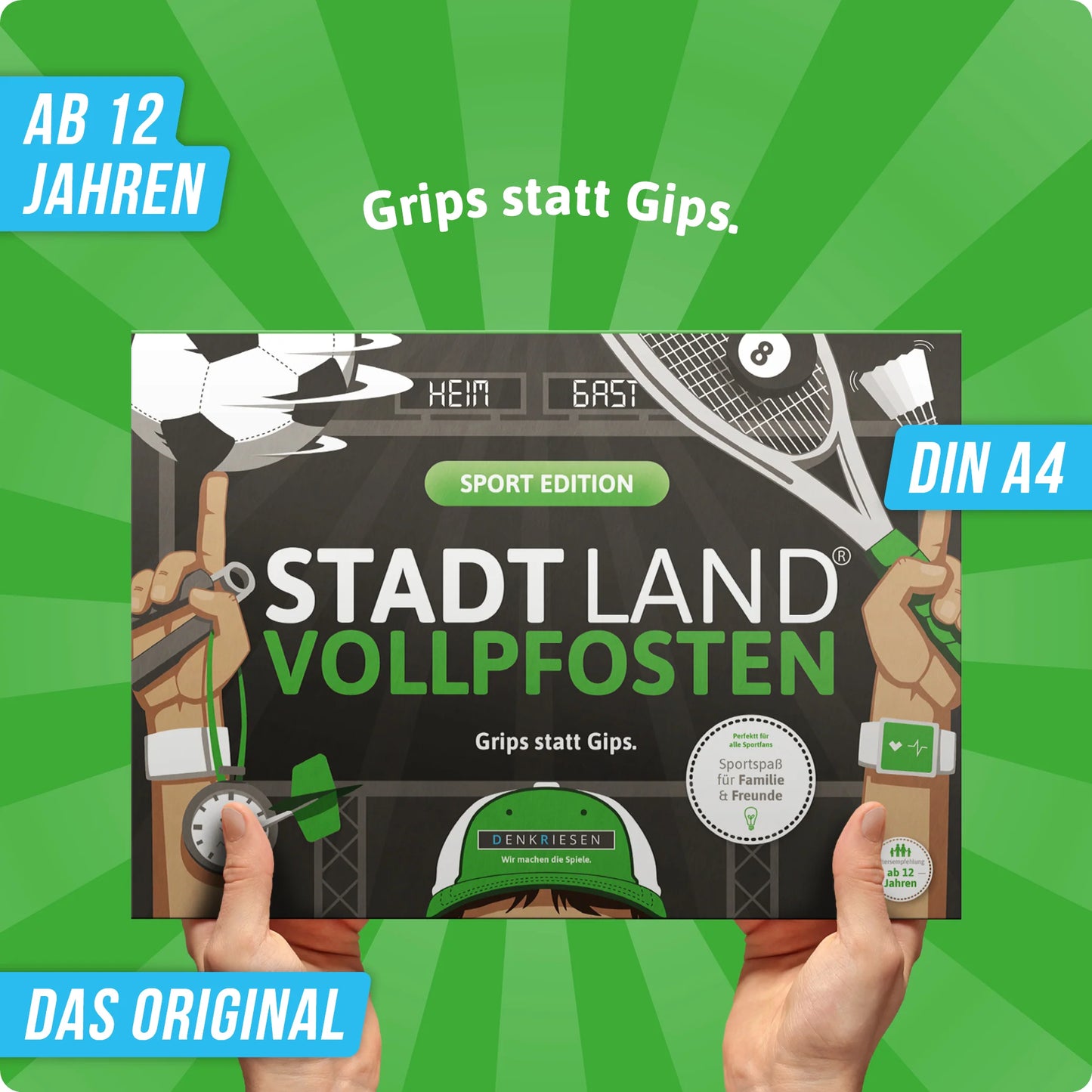 Stadt Land Vollpfosten® Sport Edition – "Grips statt Gips." | A4 Spielblock