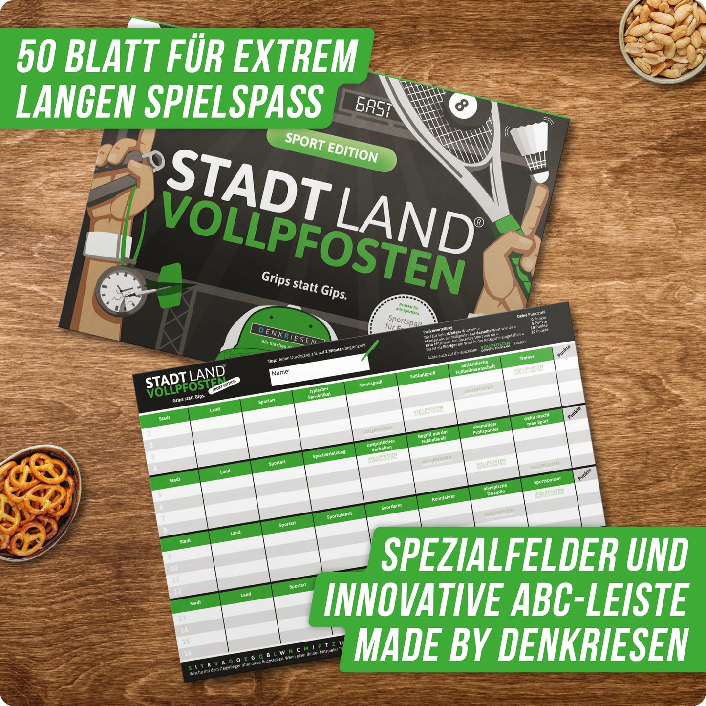 Stadt Land Vollpfosten® Sport Edition – "Grips statt Gips." | A4 Spielblock