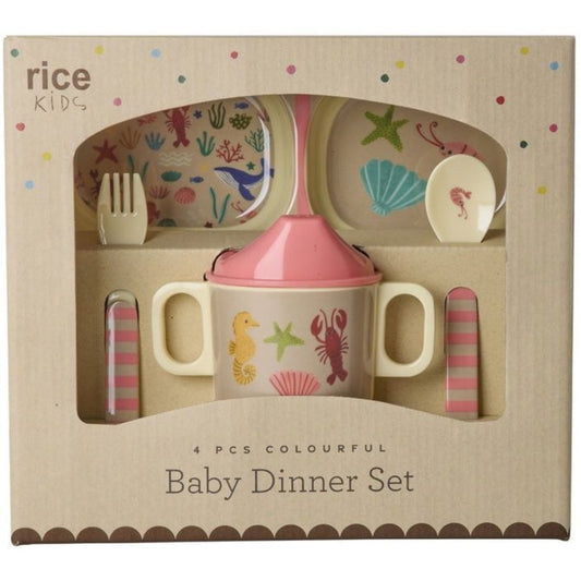 rice Melamin-Babygeschirr-Set in Geschenkbox – Korallenmeer-Muster – 4-teilig