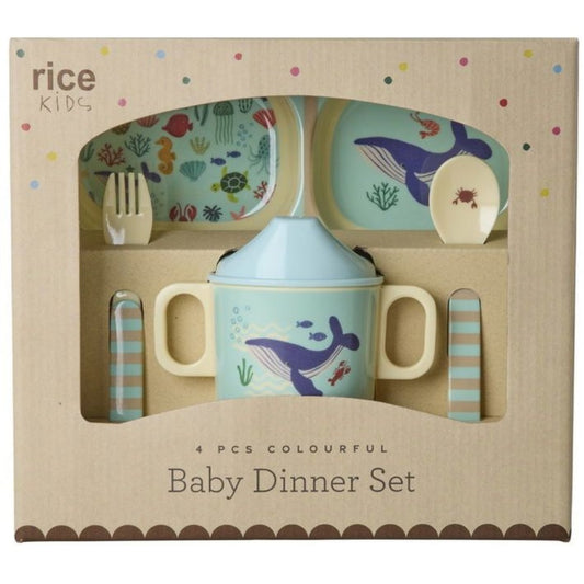 rice Melamin-Babygeschirr-Set in Geschenkbox – Blaues Ozeanmuster – 4-teilig