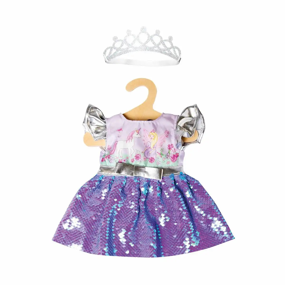Puppenkleid Fee und Einhorn mit Silberkrone lila Größe 35-45cm